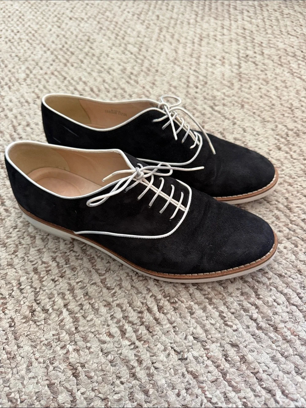 J. Crew Black Suede Oxfords with White Trim